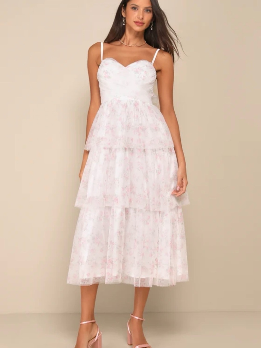 Romantic Babe White Floral Mesh Sleeveless Midi Dress NWT
